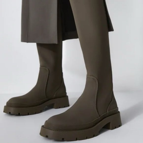 ZARA Khaki Green Rubber Knee-High Chunky Low Platform Pull-On Rain Comfort Boots - Picture 6 of 16